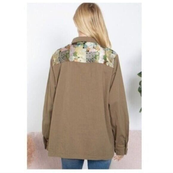 Khaki Button-Up Jacket W/Floral Embroidery & Beaded Pocket Accent -NEW - Picture 7 of 7